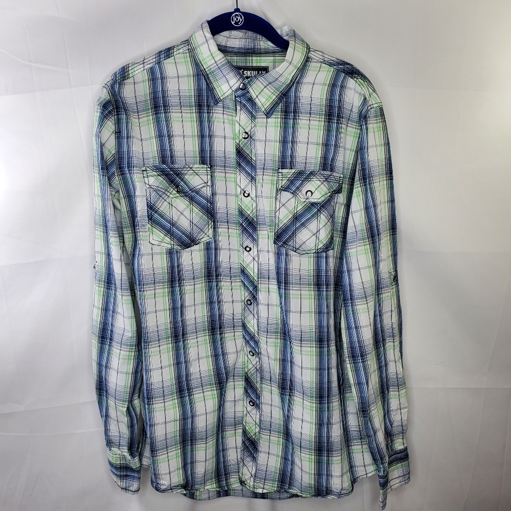 Skully Plaid Snap Button-down Shirt Roll-tab Sleeves Size Medium